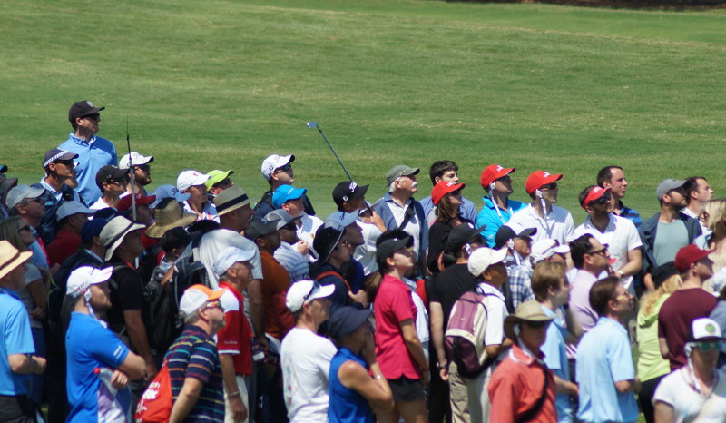 Matt Jones found the water on the 9th from the centre of this crowd. He walked off with a debilitating triple bogie seven