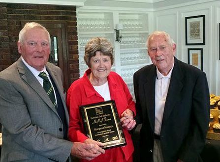 Margie Masters with Brian Twite (left) and Jack Harris, legends of golf.